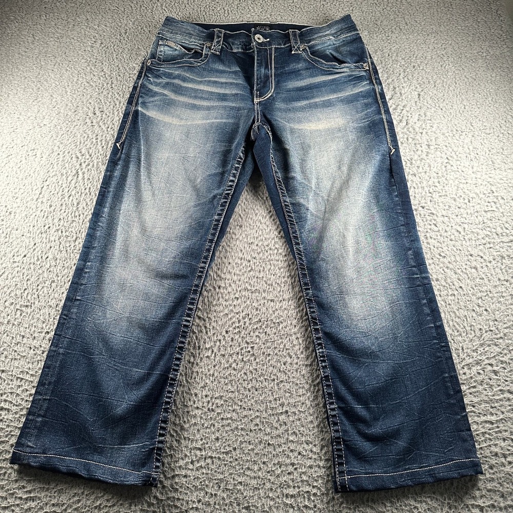 Buckle Black Jeans Mens 33S Bootleg Faded Blue Whisker Distressed Stretch Casual